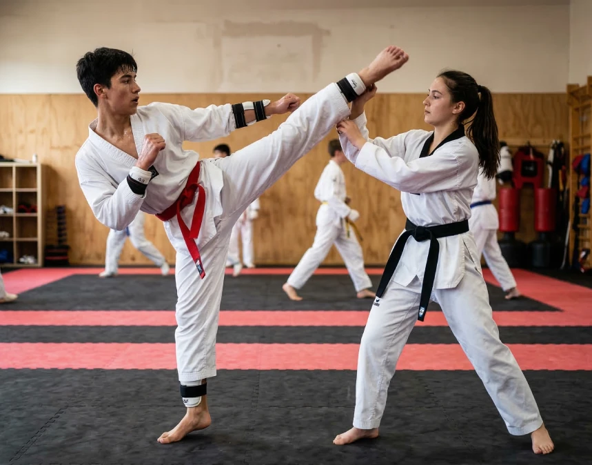 Teen martial arts partners practicing controlled movement to support Jiu Jitsu life skills