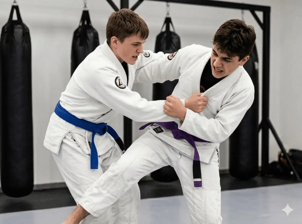 Teen students drilling standing grip control in a BJJ for teenagers class