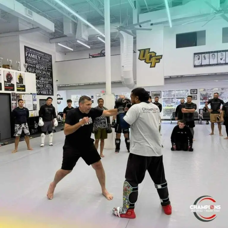 Adult martial arts students practicing controlled striking drills with a partner during class to build martial arts training fundamentals.