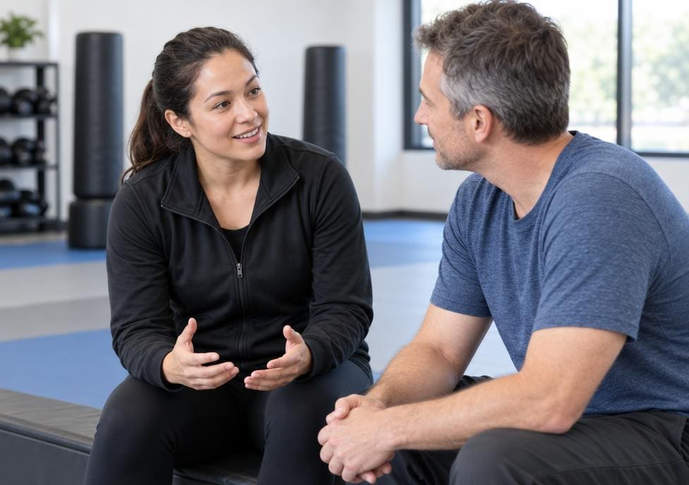 Martial arts instructor supervision during a seated discussion, suggesting martial arts injury-aware training for adults.