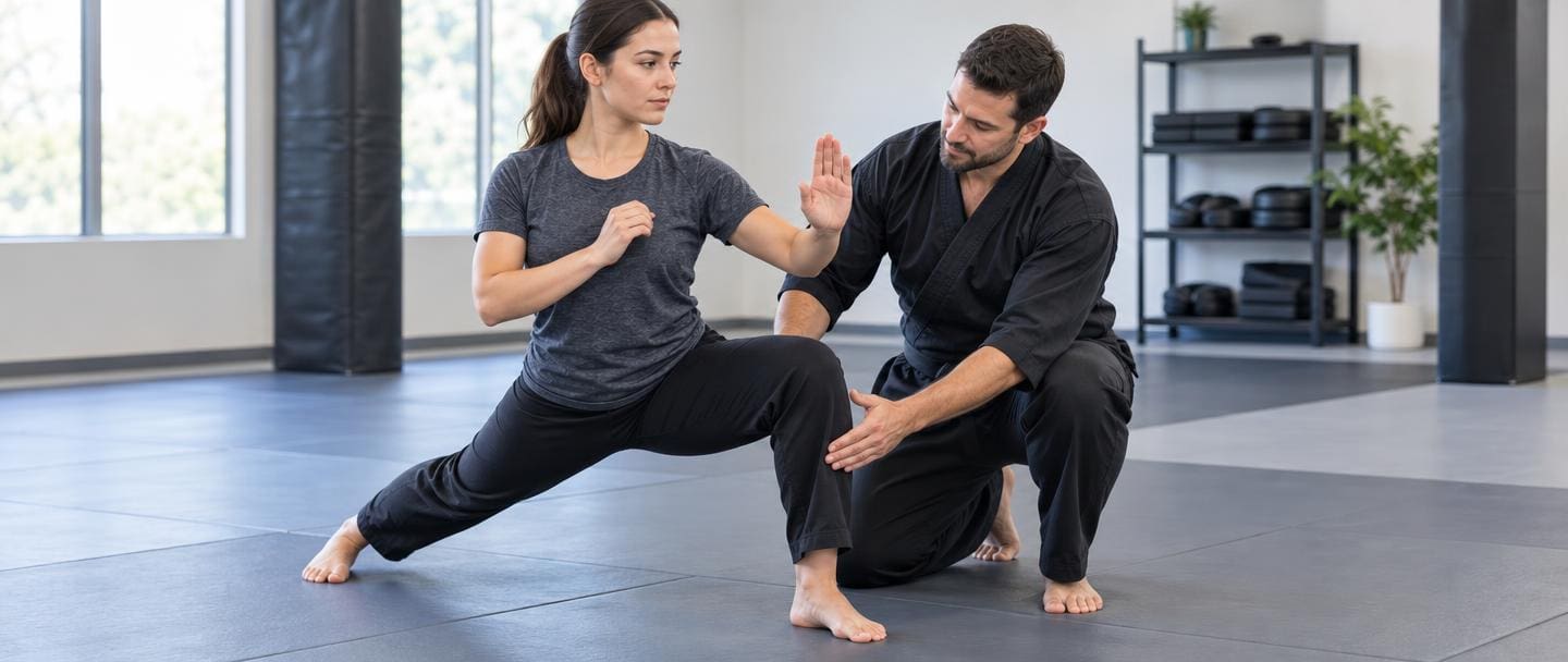 Martial arts beginner practice with instructor supervision, showing a controlled lunge and joint-friendly stance.