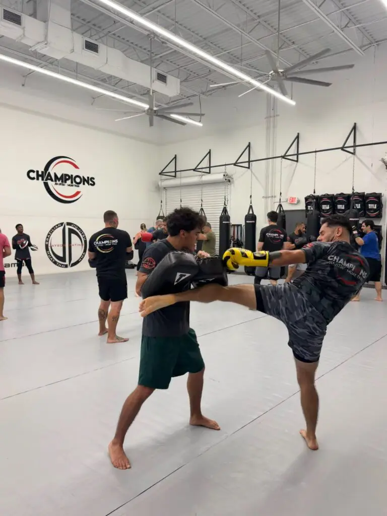 Martial arts student practicing a front kick against a partner holding pads during class, demonstrating martial arts drilling methods for beginners.