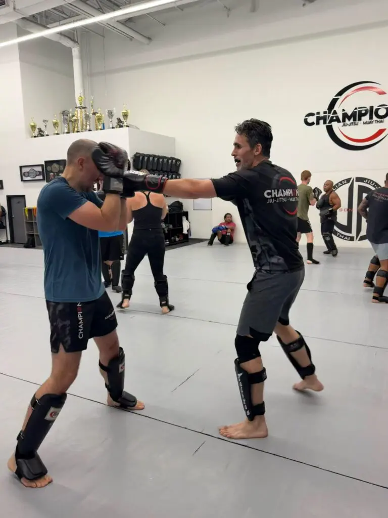 Two men practicing straight punches and defensive guard positioning during partner training, demonstrating martial arts drilling methods for beginners.